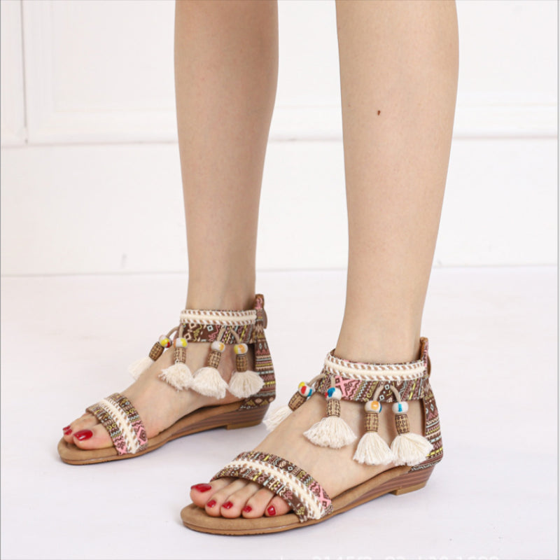 Premium Bohemian Wedge Sandals Women European And American National Style Summer Open Toe Pendant Beads Tassel Travel Roman - Image 4