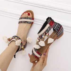 Premium Bohemian Wedge Sandals Women European And American National Style Summer Open Toe Pendant Beads Tassel Travel Roman