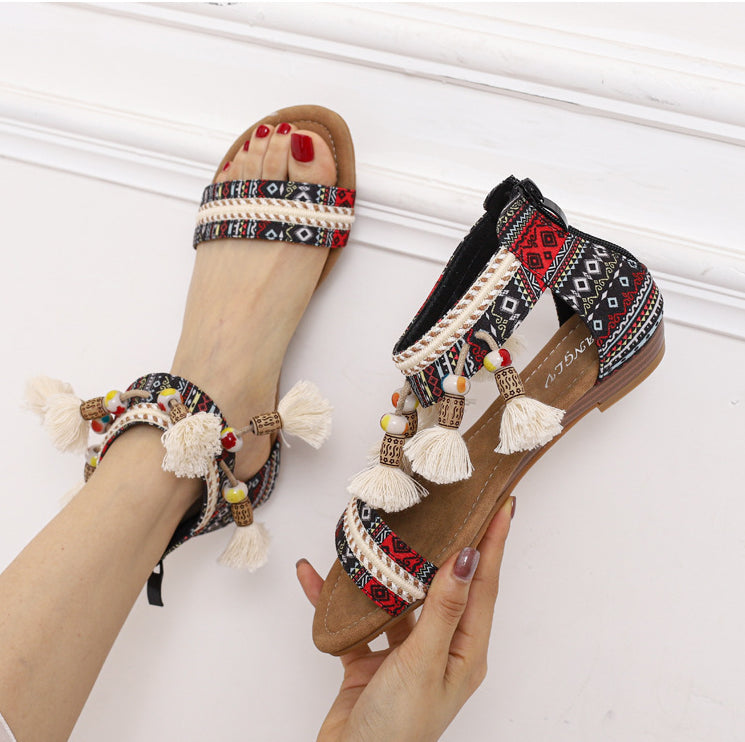 Premium Bohemian Wedge Sandals Women European And American National Style Summer Open Toe Pendant Beads Tassel Travel Roman