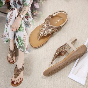 Premium Leather Flip Flops Beaded Platform Female Bohemia Slippers